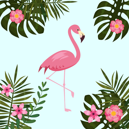 Tropical Flowers and Flamingo Summer Banner, Graphic Background, Exotic Floral Invitation, Flyer or Card.のイラスト素材