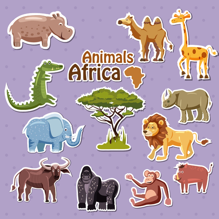 Set of cute African animals stickers, cartoon style, isolated, vectorのイラスト素材