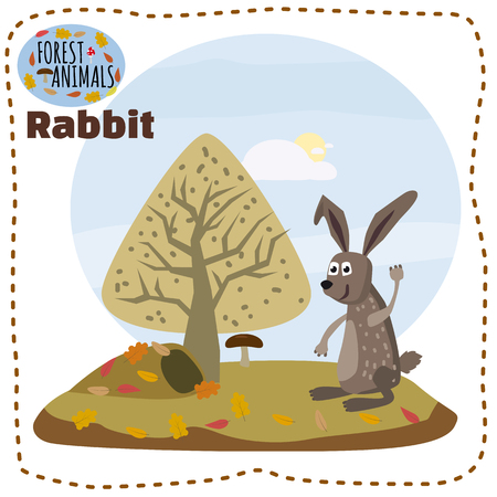 Cute cartoon rabbit on background landscape forest illustration, vectorのイラスト素材