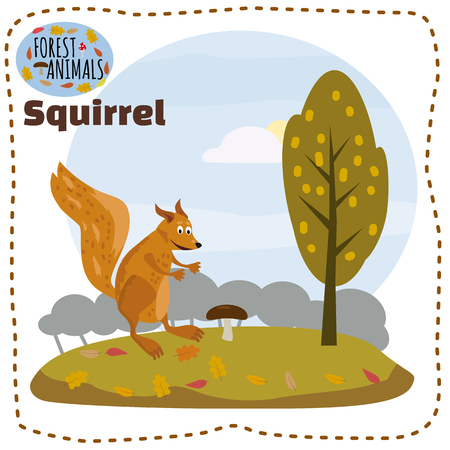 Cute cartoon squirrel on background landscape forest illustration, vectorのイラスト素材