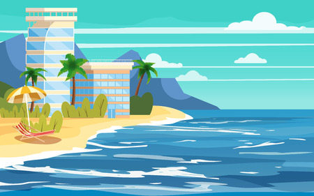 Tropical island, building hotels, vacation, travel, relax, seascape, ocean, beach chair, umbrella, template, banner, for advertising, vector, illustration, isolated, cartoon styleのイラスト素材