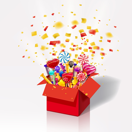 Christmas sweet gift box. Explosion of paper confetti. Open 3d-red box with yum, candy, jelly, sweetsのイラスト素材