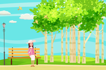 Spring landscape city park. The sitting girl on the bench is dreamingのイラスト素材