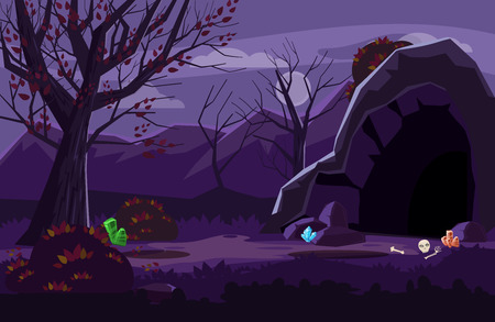 Night fantasy landscape, mountains, cave, trees, autumnのイラスト素材