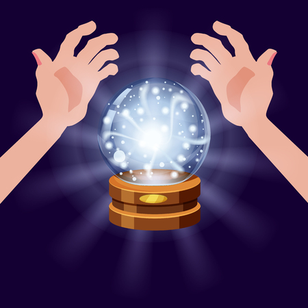Magic crystal ball shining, open hands, magic, predictions, sphere light effectsのイラスト素材