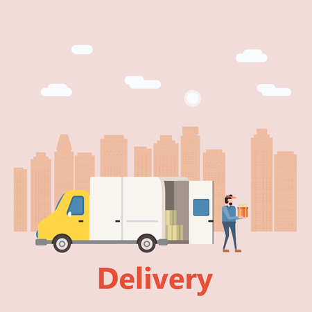 Concept delivery service, landing. Delivery truck rides on the way to the buyerのイラスト素材