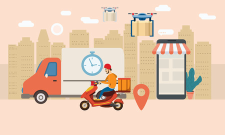 Concept delivery service, landing. Delivery truck, scooter, drone, goes on the way to the buyer, smartphone. Service, Internet delivery, idea, vector, illustration for web sites, shops, animation, mobile applications, advertising, isolatedのイラスト素材