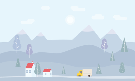 Minimalistic landscape of mountains, trees, houses, background. Concept delivery service landingのイラスト素材