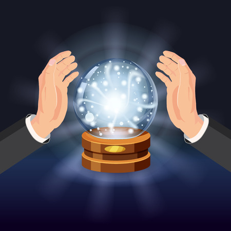 Magic crystal ball shining, open hands, magic, predictions, sphere light effectsのイラスト素材