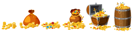 Set Treasure, gold, coins, bars jewels crown sword chest barrelのイラスト素材