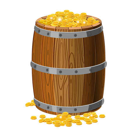 Wooden barrel with treasures, gold coins, with metal stripesのイラスト素材