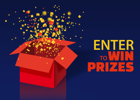 Open Red Gift Box and Confetti With Colorful Particles. Enter to Win Prizesのイラスト素材