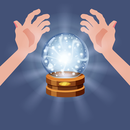 Magic crystal ball shining, open hands, magic, predictions, sphere light effectsのイラスト素材