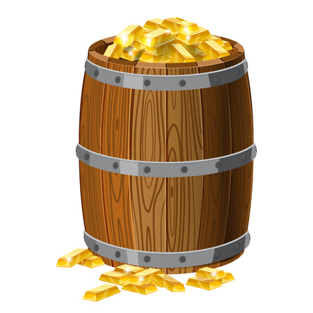 Wooden barrel with treasures, gold bars, with metal stripesのイラスト素材