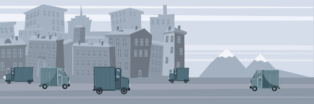 Delivery van, on city background. Product goods shipping transportのイラスト素材
