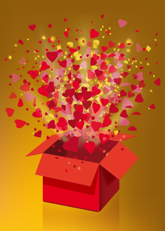 Open explosion red gift box fly hearts and confetti Happy Valentine s dayのイラスト素材