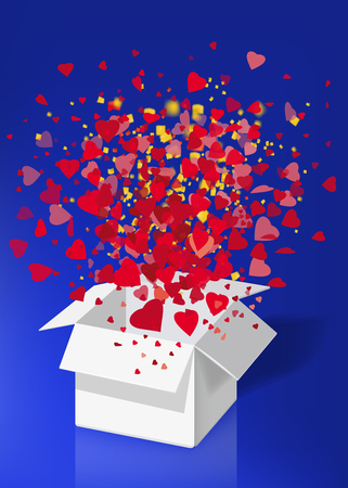 Open explosion white gift box fly hearts and confetti Happy Valentine s dayのイラスト素材