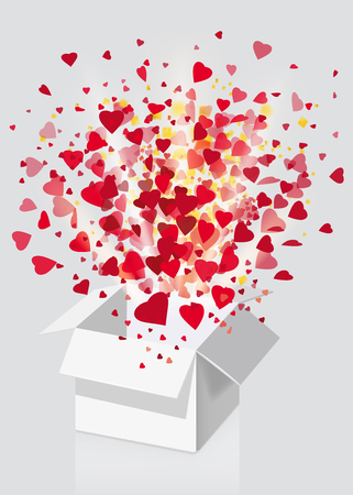 Open explosion white gift box fly hearts and confetti Happy Valentine s dayのイラスト素材