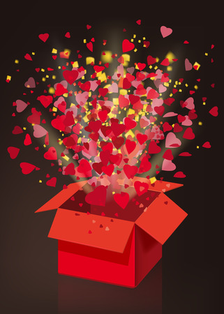 Open explosion red gift box fly hearts and confetti Happy Valentine s dayのイラスト素材