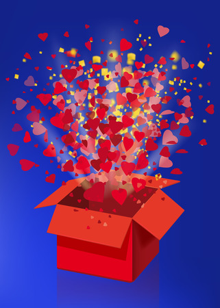 Open explosion red gift box fly hearts and confetti Happy Valentine s dayのイラスト素材