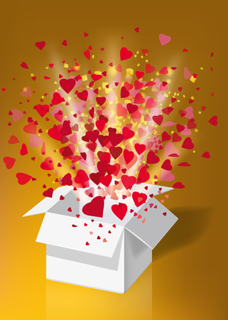 Open explosion white gift box fly hearts and confetti Happy Valentine s dayのイラスト素材