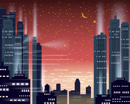 Cityscape metropolis night lights of a big city, illuminated neon, skyscrapersのイラスト素材