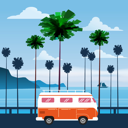 Travel, trip vector illustration. Sunset, ocean, sea, seascape Surfing van bus on road palm beachのイラスト素材