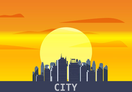 City megapolis sunset, cityscape, evening, skyline silhouettes of skyscrapersのイラスト素材