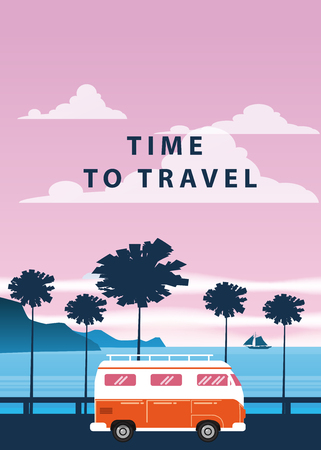 Travel, trip vector illustration. Sunset, ocean, sea, seascape Surfing van bus on road palm beachのイラスト素材