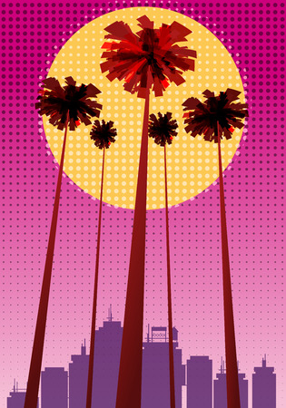 Summer beatiful sunset backgrounds with palms trees cityscape, sky horisonのイラスト素材