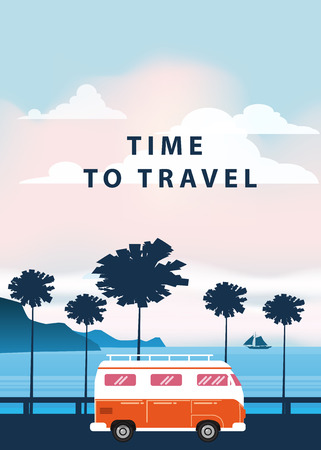 Travel, trip vector illustration. Sunset, ocean, sea, seascape Surfing van bus on road palm beachのイラスト素材