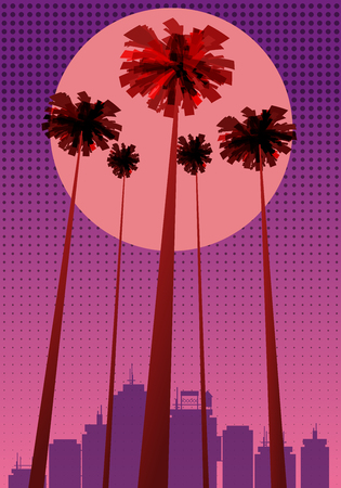 Summer beatiful sunset backgrounds with palms trees cityscape, sky horisonのイラスト素材