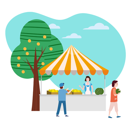 Street food fruits market talls canopy. Seller and Buyersのイラスト素材