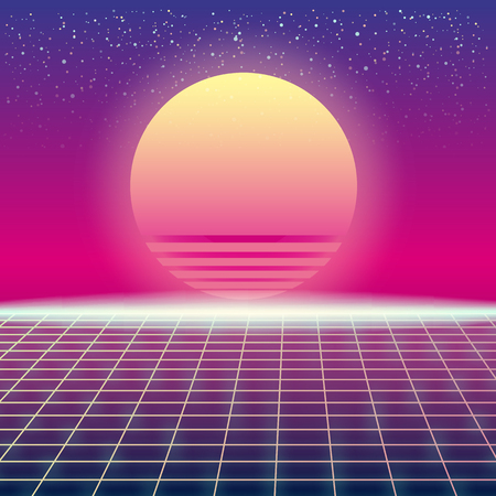 Synthwave Retro Futuristic Landscape With Sun And Styled Laser Grid. Neon Retrowave Design And Elements Sci-fi 80s 90s Space. Vector Illustration Template Isolated Backgroundのイラスト素材