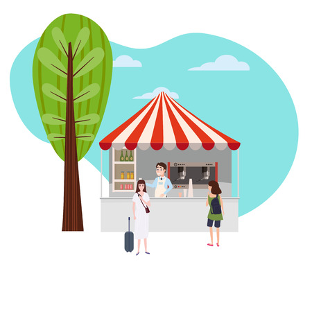 Street coffee shop market talls, cafe canopy and beverages. Barista seller and Buyers. Vector, Illustration, Isolated, Banner, Template Cartoon flatのイラスト素材