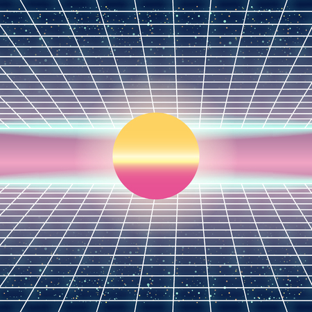 Synthwave Retro Futuristic Landscape With Sun And Styled Laser Grid. Neon Retrowave Design And Elements Sci-fi 80s 90s Space. Vector Illustration Template Isolated Backgroundのイラスト素材