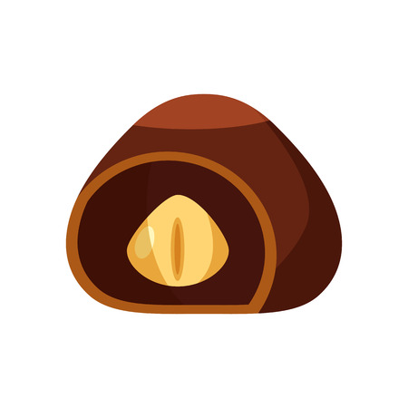 Chocolate covered bonbon candy stuffed nougat, mousse, cream. Vector illustration candy catoon icon isolated on white backgroundのイラスト素材