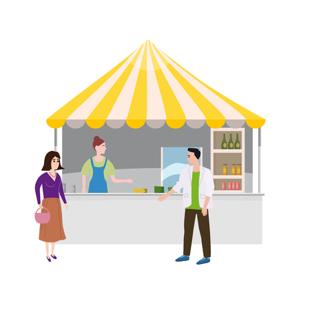Street food drinks market talls canopy and beverages. Seller and Buyersのイラスト素材