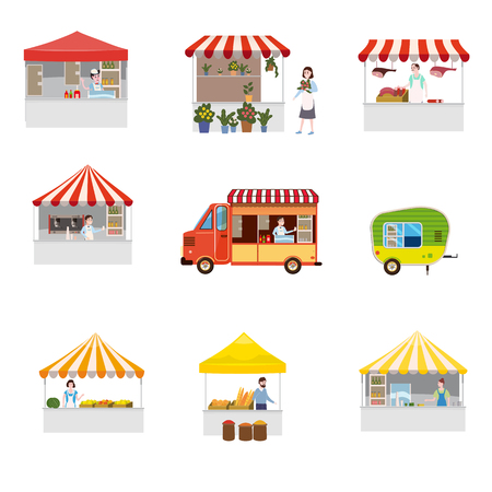 Set outdoor street food festival canopy tent pavilion shopping stall kioskのイラスト素材