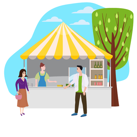 Street food drinks market talls canopy and beverages. Seller and Buyersのイラスト素材