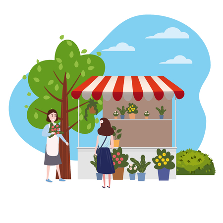 Street Flowers floral market talls canopy. Seller and Buyersのイラスト素材