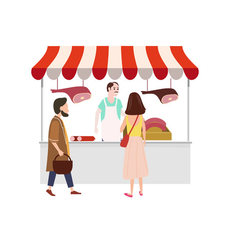 Farmer selling meat products vector. Isolated icon of man with beef pork and chicken production. Sausages and raw steaks, frankfurter in tent kioskのイラスト素材