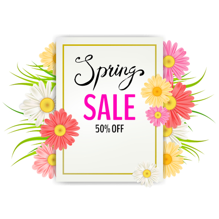 Spring Sale Banner. Hand drawn lettering. Background with chamomile, daisy, leaf and colorful flowersのイラスト素材
