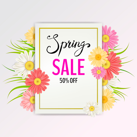 Spring Sale Banner. Hand drawn lettering. Background with chamomile, daisy, leaf and colorful flowersのイラスト素材