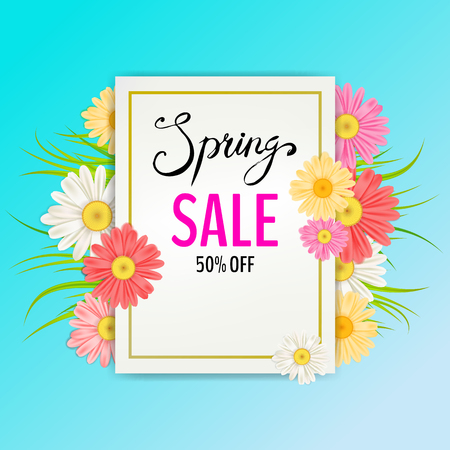 Spring Sale Banner. Hand drawn lettering. Background with chamomile, daisy, leaf and colorful flowersのイラスト素材