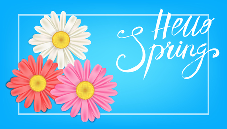 Hello Spring banner. Hand drawn lettering. Background with chamomile, daisy. Spring Time template, flyer, posters, brochure. Happy spring Day. Fashionable styling. Flower vector isolatedのイラスト素材