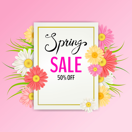 Spring Sale Banner. Hand drawn lettering. Background with chamomile, daisy, leaf and colorful flowersのイラスト素材