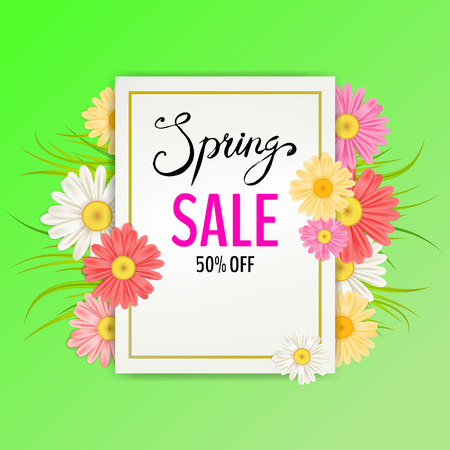 Spring Sale Banner. Hand drawn lettering. Background with chamomile, daisy, leaf and colorful flowersのイラスト素材