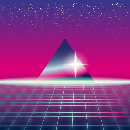 Synthwave Retro Futuristic Landscape With Pyramids And Styled Laser Grid. Neon Retrowave Design And Elements Sci-fi 80s 90s Space. Vector Illustration Template Isolated Backgroundのイラスト素材