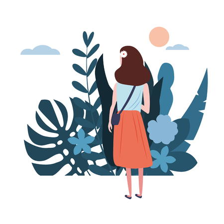 Young girl in a blue T-shirt goes about his business. Background flora flowers floral leavesのイラスト素材